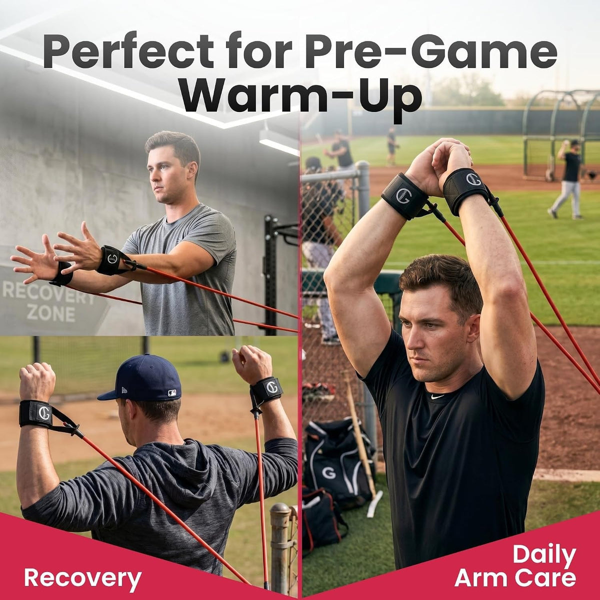 Pitcher using the red arm care band for pre-game warm-up