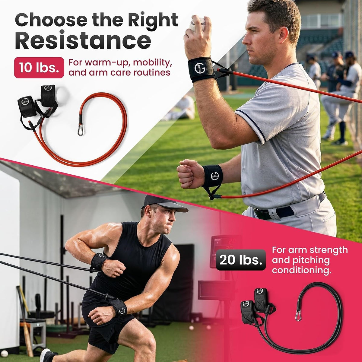 Red 10 lb and black 20 lb arm care bands: choose the right resistance