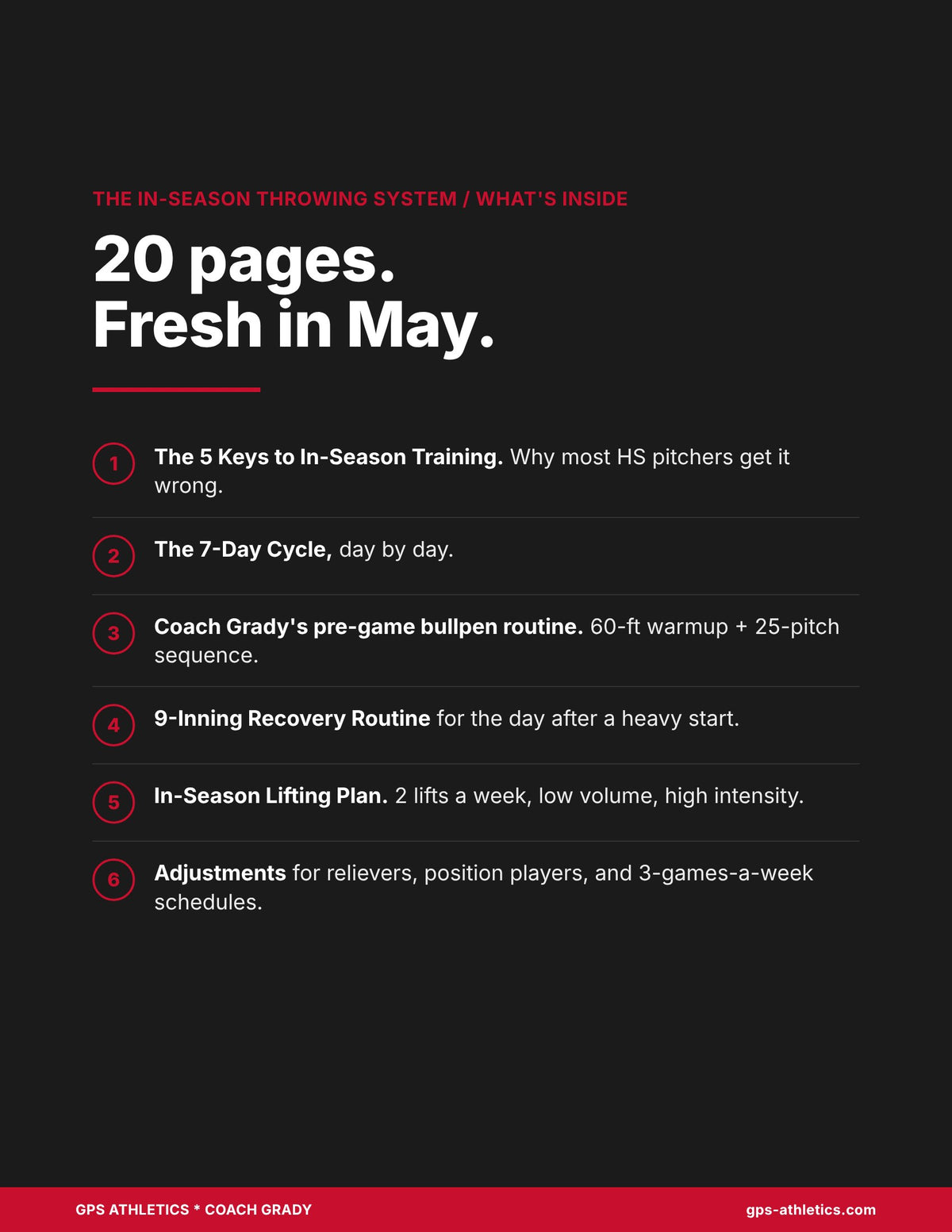 What's inside the In-Season Throwing System: 20 pages, pre-game bullpen routine, recovery routine, in-season lifting plan