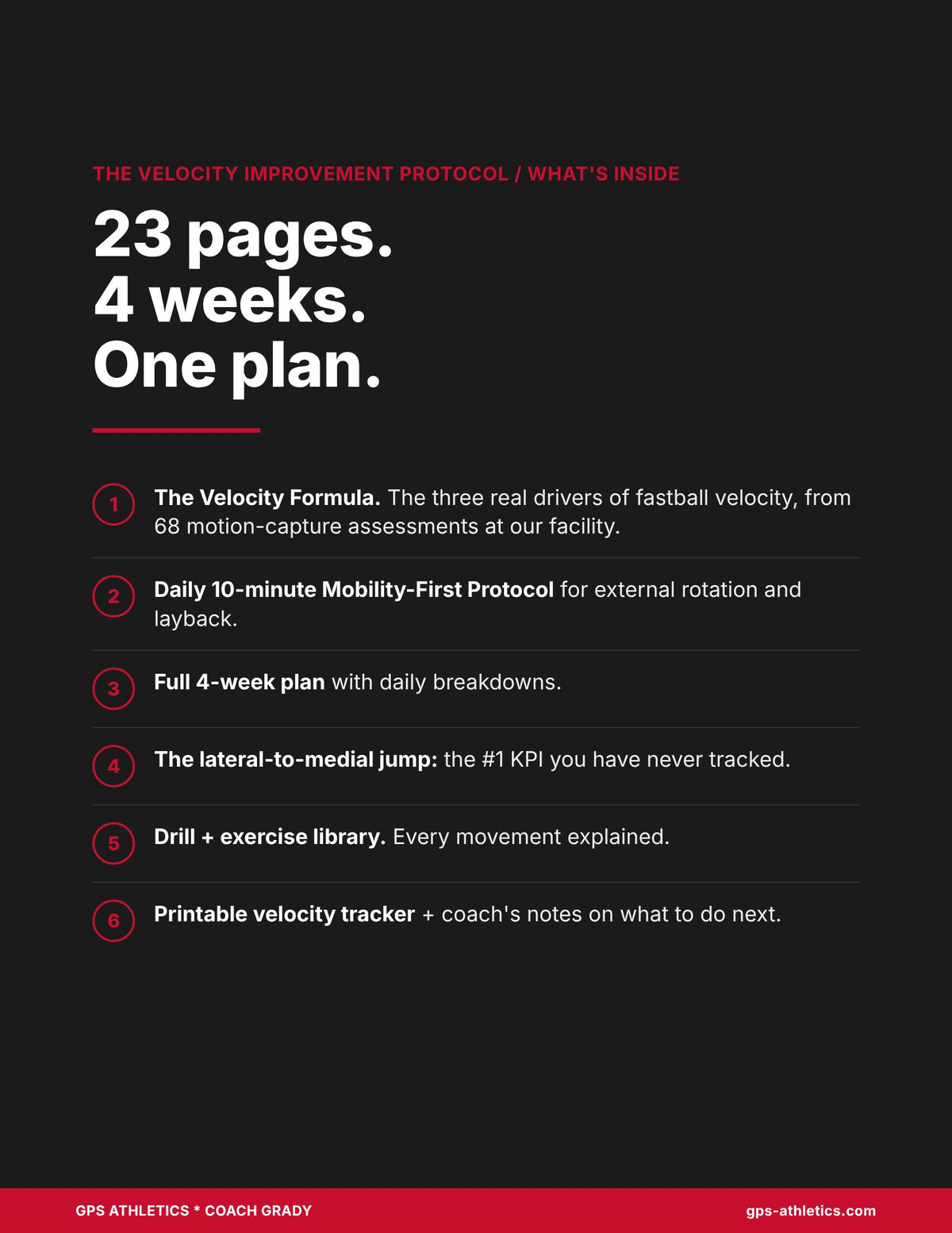 What's inside the Velocity Improvement Protocol: 23 pages, 4-week plan, mobility protocol, drill library and velocity tracker